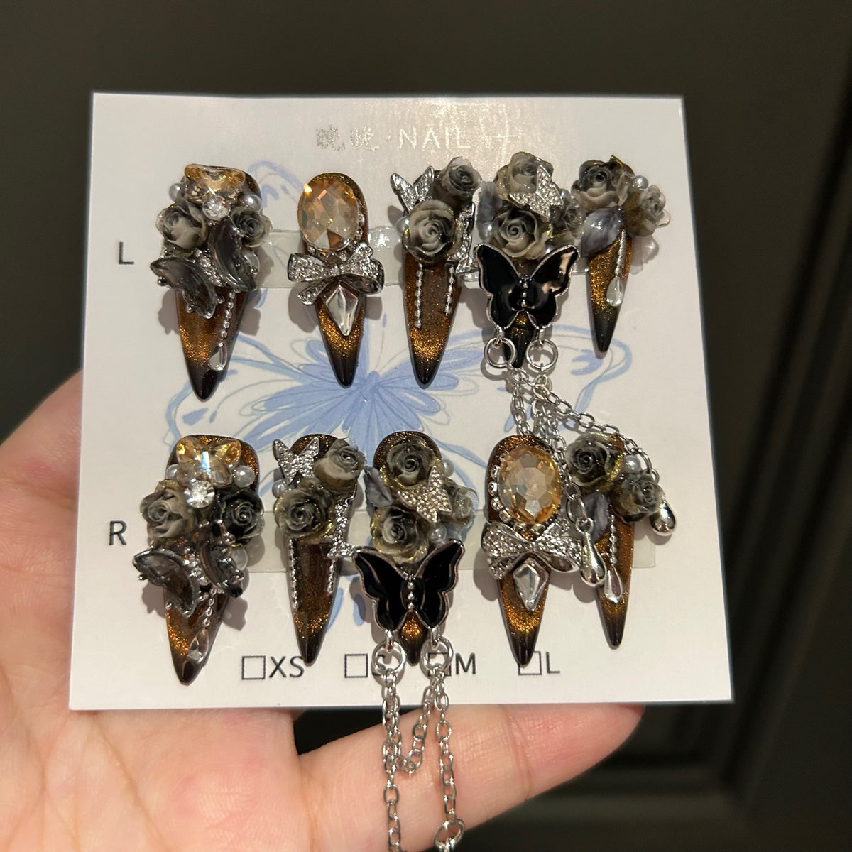 Handmade Golden Cat Eye Long Stiletto Press On Nails with 3D Smoky Roses, Black Butterfly Charms, Amber Crystals & Hanging Chains