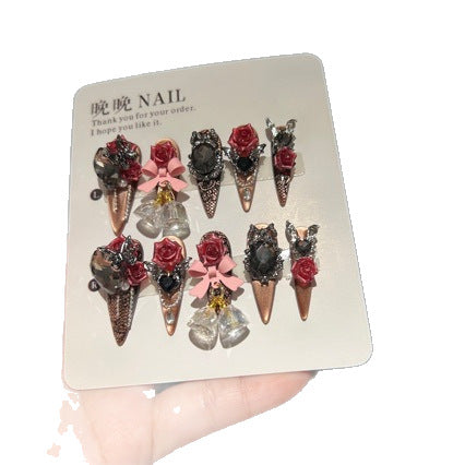 Handmade Brown Cat Eye Press On Nails | Luxury Heavy Industry 3D Red Rose, Pink Bow & Hanging Charms Reusable Fake Nails, Goth Art