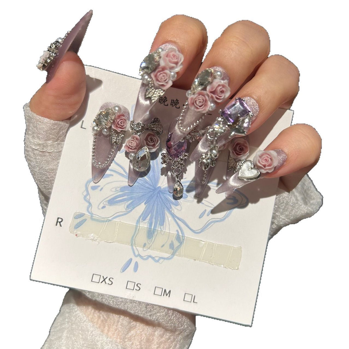 Handcrafted Designer Dusty Pink Press-on Nails - Shimmering Cat Eye Base with Heavy 3D Roses, Purple Crystals and Chain Drops