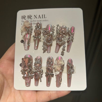 Handmade Pink Aurora Iridescent Press On Nails, Long Stiletto Fairy Princess False Nails with Large Pink Teardrop Rhinestones, 3D Silver Butterfly Charms, Cream Roses, Pearls & Silver Crystal Chains, Reusable Fake Nails for Wedding, Prom & Party