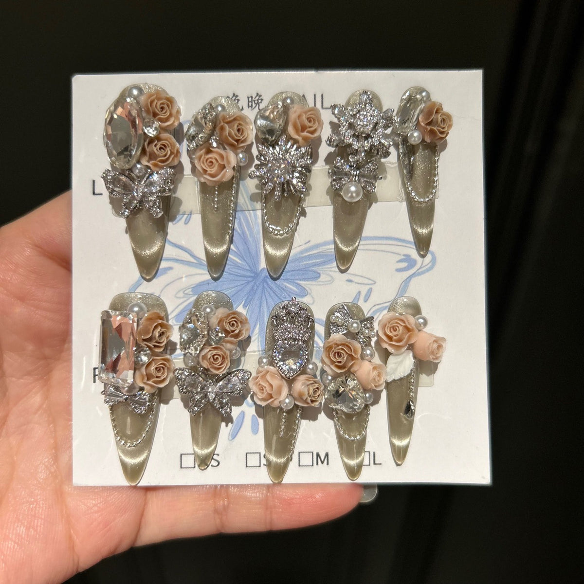 Handcrafted Designer Taupe Press-on Nails - Shimmering Cat Eye Base with Heavy 3D Rose Flowers, Crystals and Chain Drops