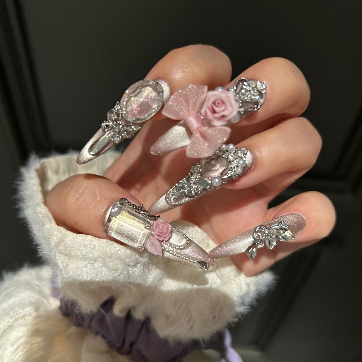 Champagne Nude Cat Eye Stiletto Press-on Nails with 3D Pink Rose, Sheer Bow, Crown, Crystal Frame, and Draping Charm - Luxury Glam Fake Nail Set