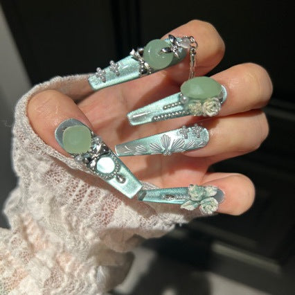Handmade Mint Green Cat Eye Long Coffin Press On Nails with Jade Charms, 3D Roses & Silver Tassel Chains