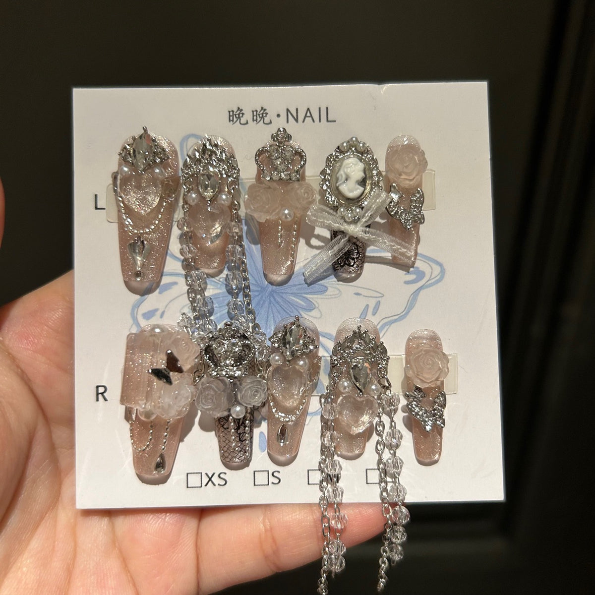 Handmade Milky Pink Shimmer Long Stiletto Press On Nails with Vintage Cameo, 3D Roses, Giant Heart Crystals & Long Crystal Chains