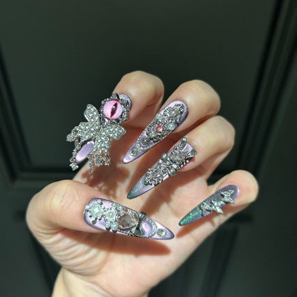 Handmade Purple Chameleon Evil Eye Long Stiletto Press On Nails with Rhinestone Bow & Crystals