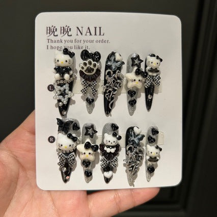 Handmade Gothic Hello Kitty Press On Nails, Long Stiletto 3D Charm False Nails, Black Silver Glitter Y2K Plaid Bow Reusable Nail for Party Cosplay