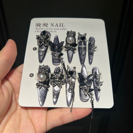 Grey-Purple Cat Eye Stiletto Press-on Nails with 3D Butterfly, Pearl, and Chain Charms - Luxury Gothic Fake Nail Set