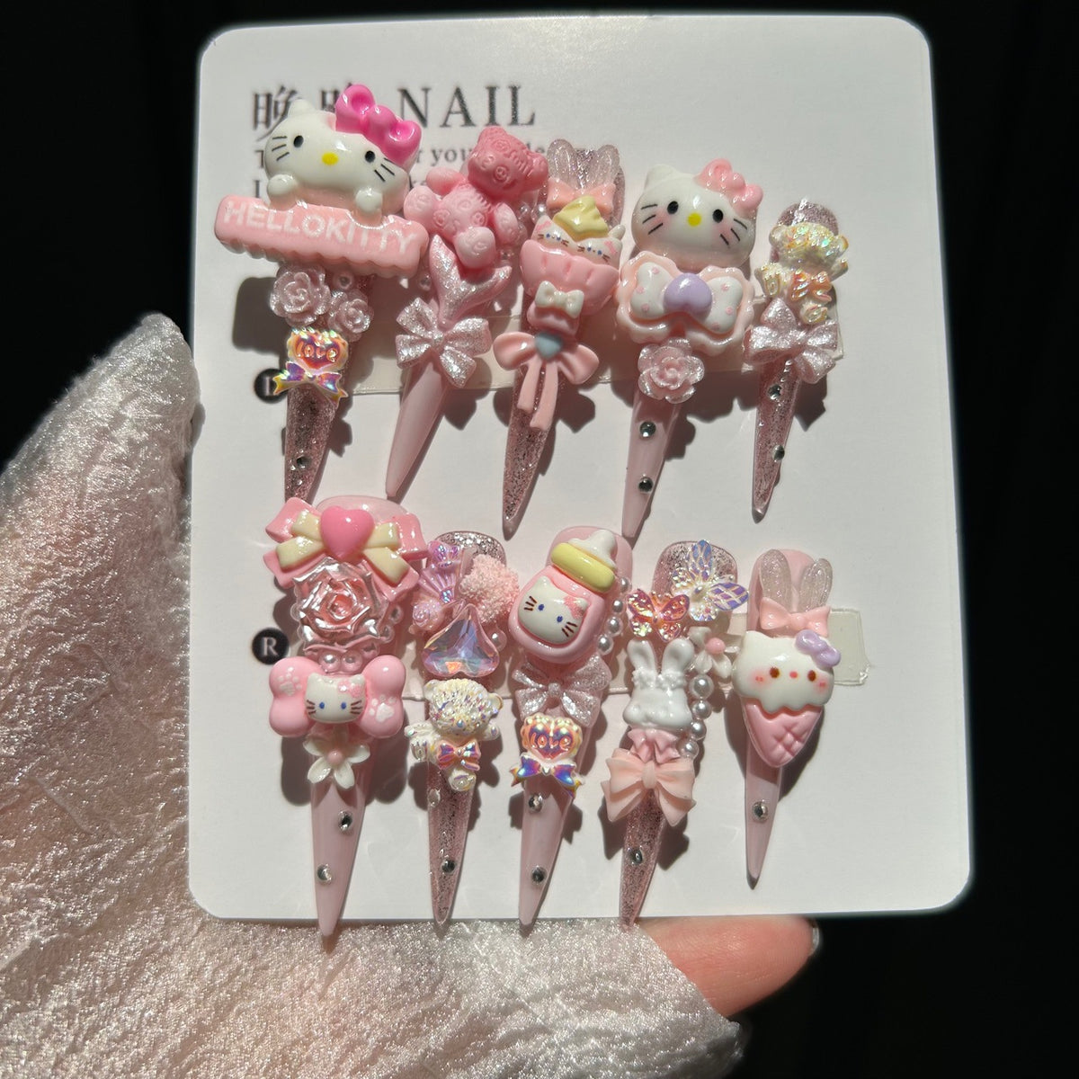 Handmade Pink Glitter Kawaii Long Stiletto Press On Nails with Hello Kitty Charms, 3D Bunnies, Bears, Bows, Roses & Iridescent Rhinestones
