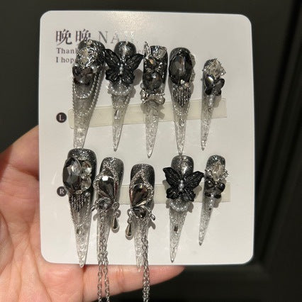 Handmade Gothic Butterfly Press On Nails, Long Stiletto Silver Black Gradient Glitter False Nails with Dangling Metal Chain Charms, Reusable Fake Nails for Party Cosplay
