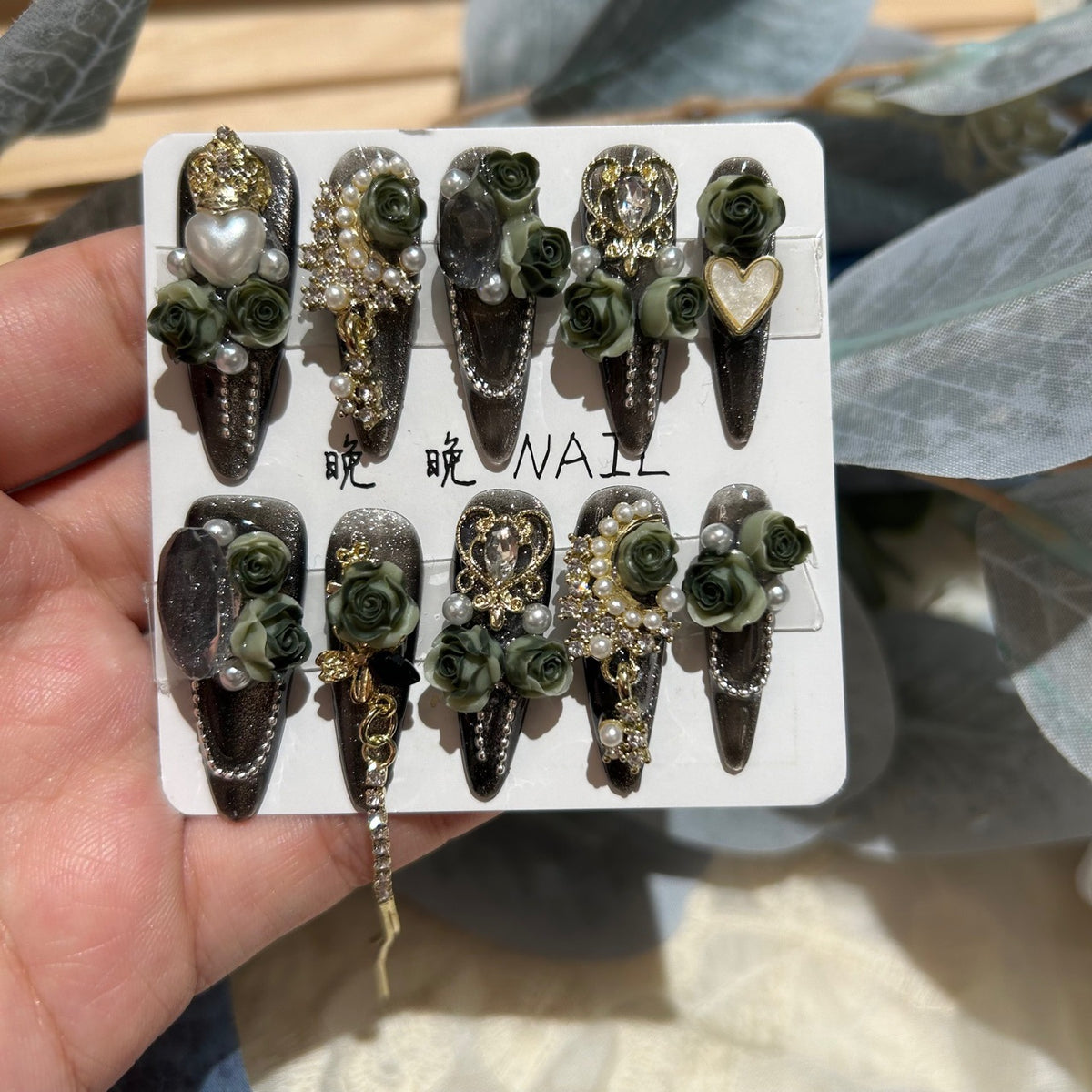 Handmade Dark Smoky Glitter Long Stiletto Press On Nails with 3D Olive Green Roses, Gold Filigree Charms, Pearls & Dangling Tassels