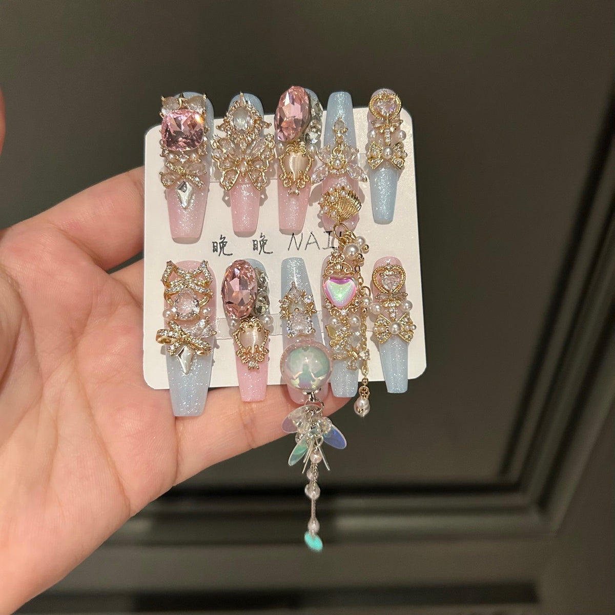 Handmade Pink Blue Ombre Gold Butterfly Long Coffin Press On Nails with Pink Crystals & Dangling Chains
