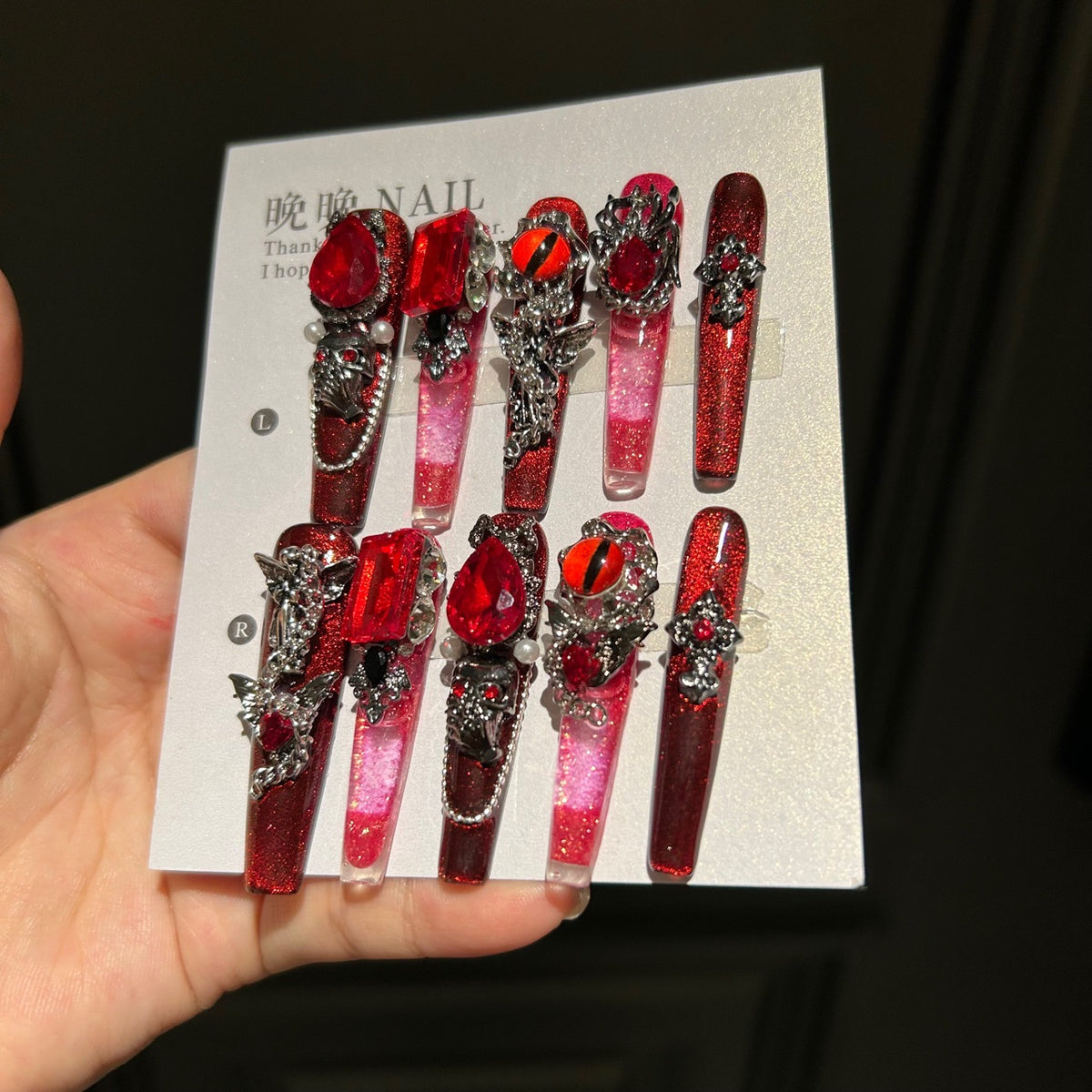 Handcrafted Designer Dark Aesthetic Press-on Nails - Shimmering Red-Black Base with Heavy 3D Gemstones, Skull Art and Cross Decals