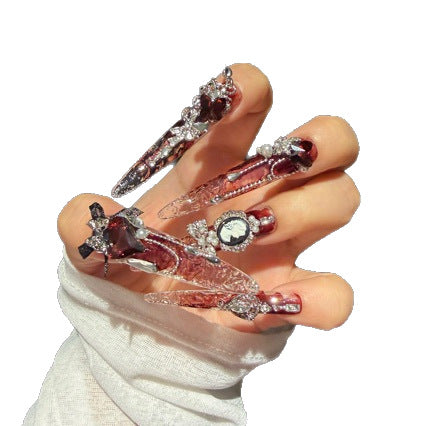 Handmade Burgundy Ombre Long Stiletto Press On Nails, Vintage Cameo Portrait False Nails with Dark Roses, Pearls & Dangling Chains