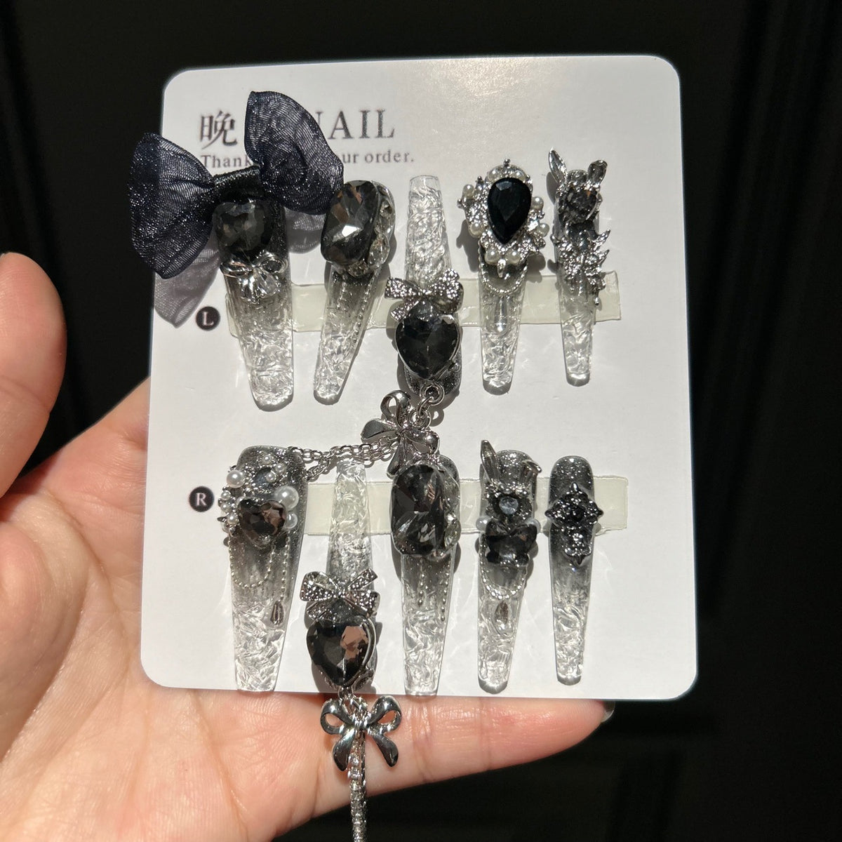 Handmade Clear Crackle Long Stiletto Press On Nails with Black Heart Crystals, Dark Mesh Bows, Silver Bunny Charms & Silver Chain Tassels