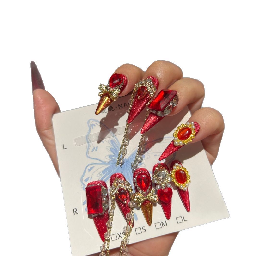 Handmade Red Glitter Press On Nails, Long Stiletto Luxury Royal False Nails with Large Ruby Rhinestones, Gold Charms, Pearls & Long Dangling Crystal Chains, Reusable Fake Nails for Party, Cosplay & Holiday