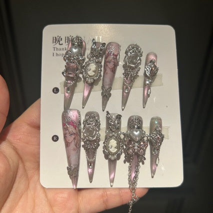 Handmade Pink Cat Eye Cameo Portrait Anime Print Long Stiletto Press On Nails with Silver Rhinestone & Pearl Charms