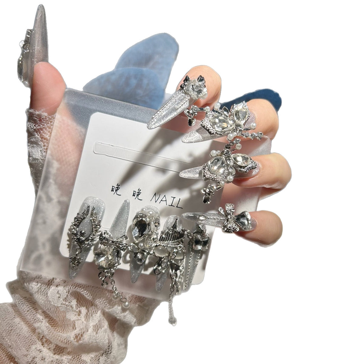 Handmade Silver Cat Eye Long Stiletto Press On Nails with Giant AB Crystals, Castle & Butterfly Charms, Pearls & Dangling Chains