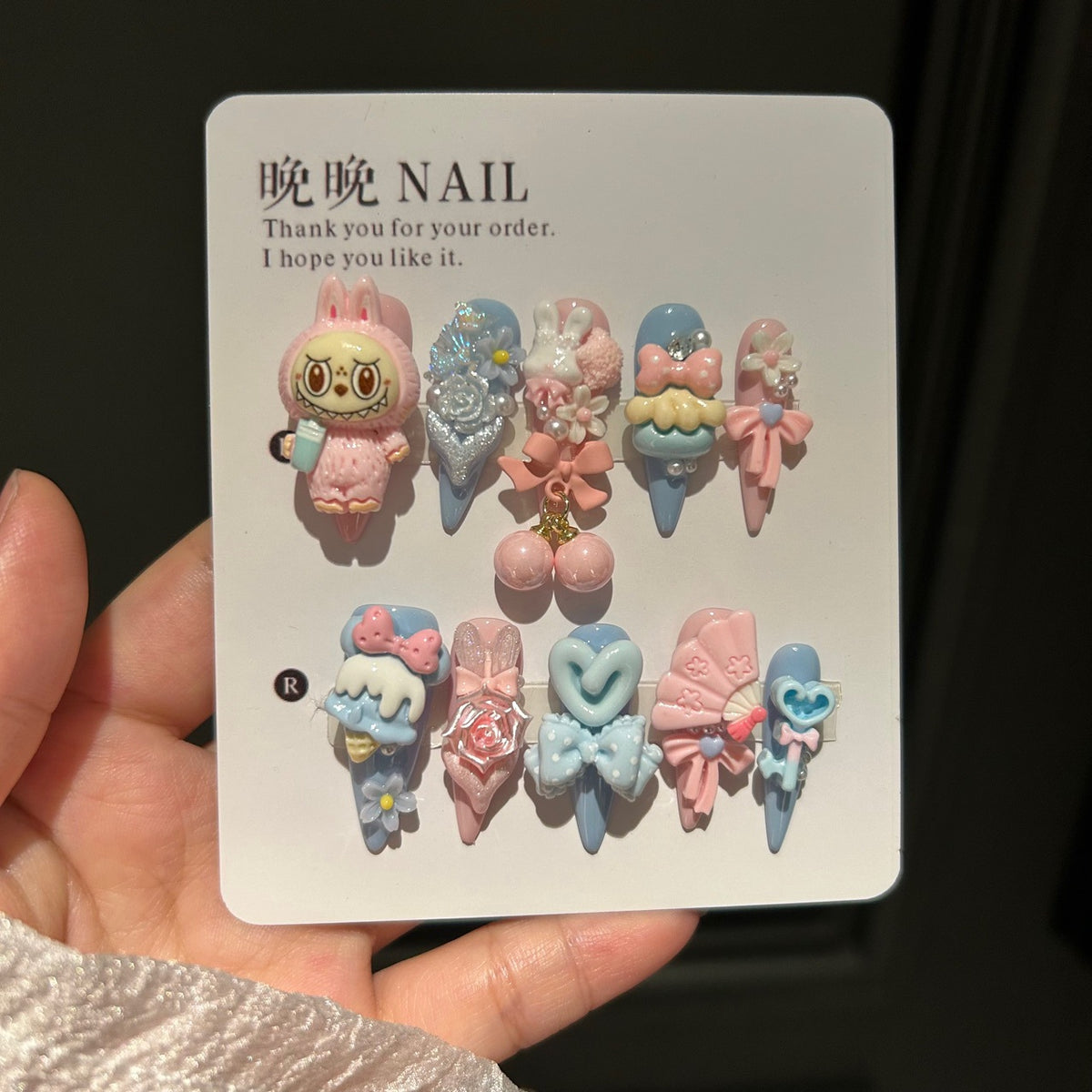 Handmade Cute Pink Blue Labubu Character Long Stiletto Press On Nails with 3D Charms & Bows