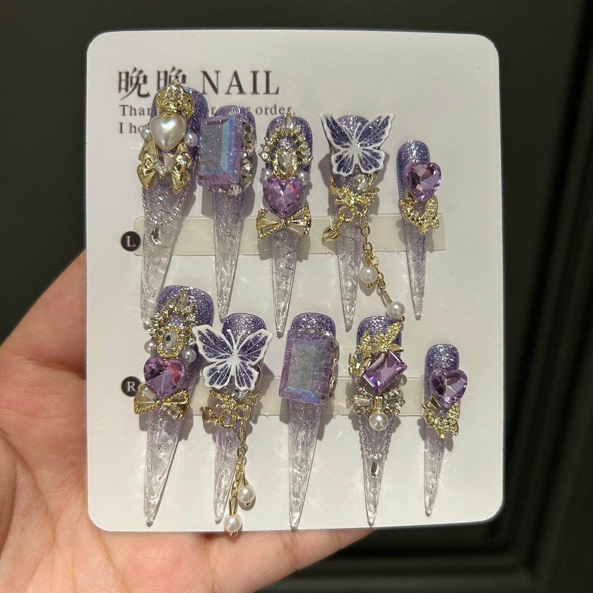 Handmade 3D Butterfly Press On Nails | Luxury Purple Cat Eye & Shimmer Reusable Fake Nails, Heavy Industry Rhinestone Nail Art for Women
