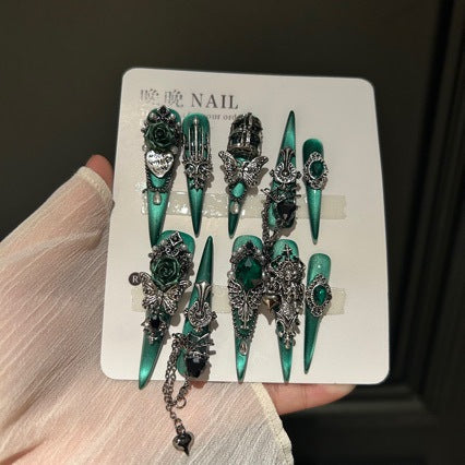 Handmade Blue Silk Press On Nails | Luxury Mysterious Green & Satin Glow Reusable Fake Nails, High-End Elegant Nail Art