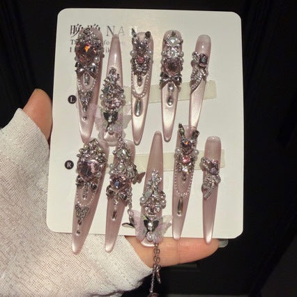 Handmade Nude Pink Metallic Long Stiletto Press On Nails with Giant Pink Crystals, Tulle Butterfly Charms, Pearl Clusters & Dangling Silver Chains