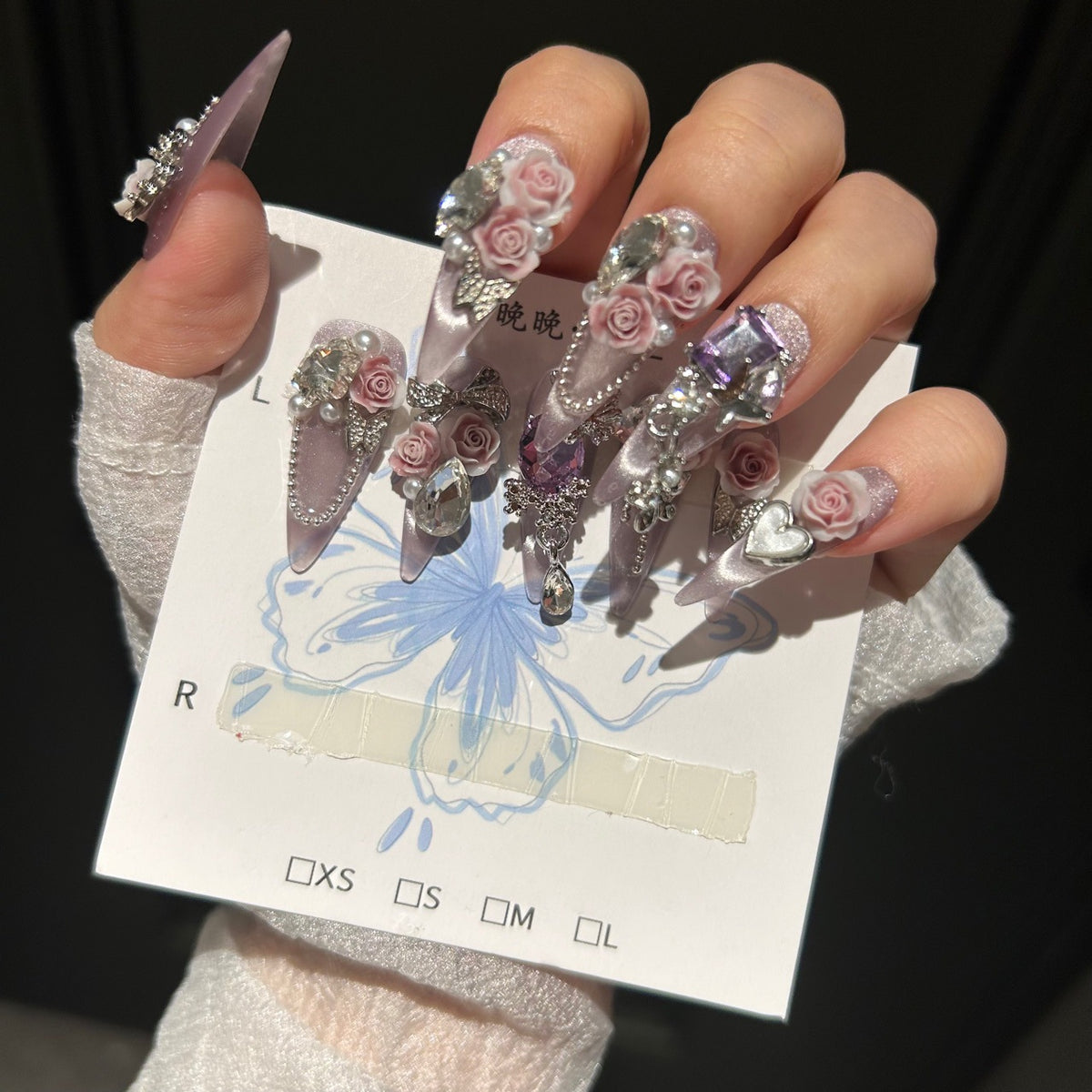 Handcrafted Designer Dusty Pink Press-on Nails - Shimmering Cat Eye Base with Heavy 3D Roses, Purple Crystals and Chain Drops