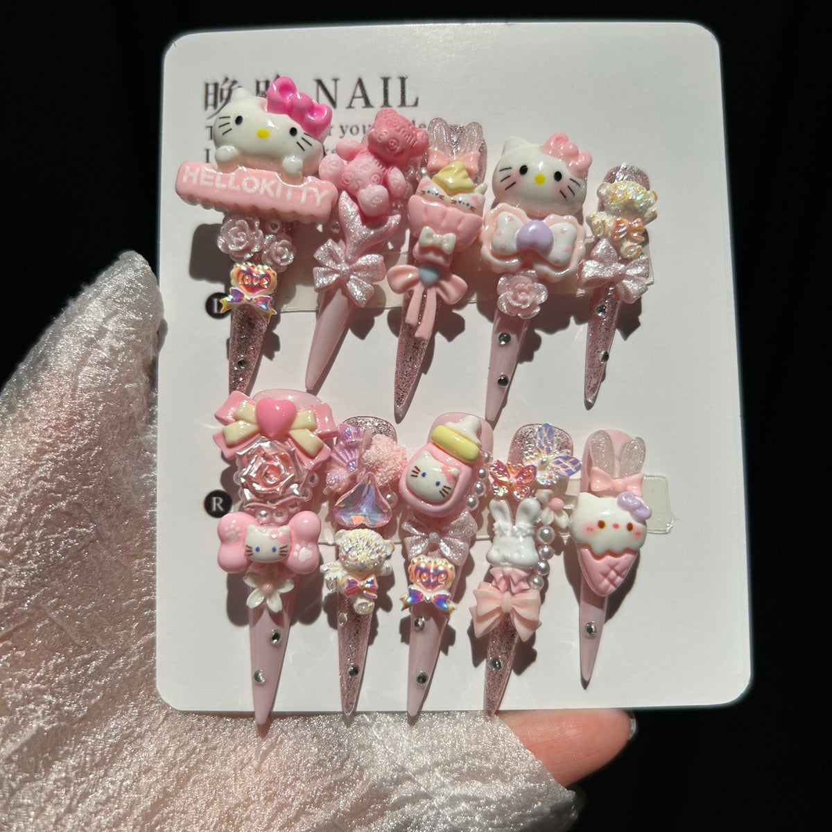 Handmade Pink Glitter Kawaii Long Stiletto Press On Nails with Hello Kitty Charms, 3D Bunnies, Bears, Bows, Roses & Iridescent Rhinestones