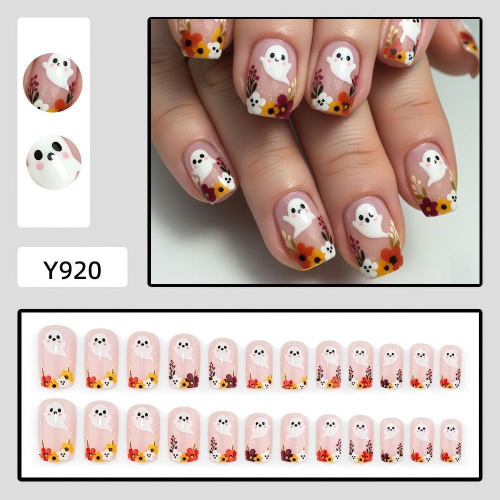 New Halloween fake nail patch soft cute ghost pumpkin lamp bat skull manicure wear armor