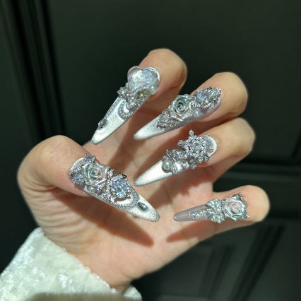 Silver Metallic Stiletto Press-on Nails with 3D Rose, Rhinestone, and Clear Heart Charms - Luxury Fake Nail Set