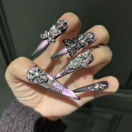 Handmade Purple Cat Eye Long Stiletto Press On Nails with Black Butterfly, Pink Crystal & Vintage Cameo Charms