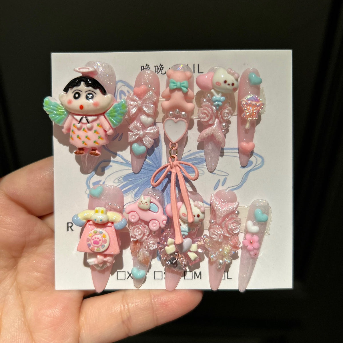 Handmade Kawaii Pink Glitter Long Stiletto Press On Nails with 3D Crayon Shin-chan & Cute Cartoon Charms, Bows & Heart Decorations