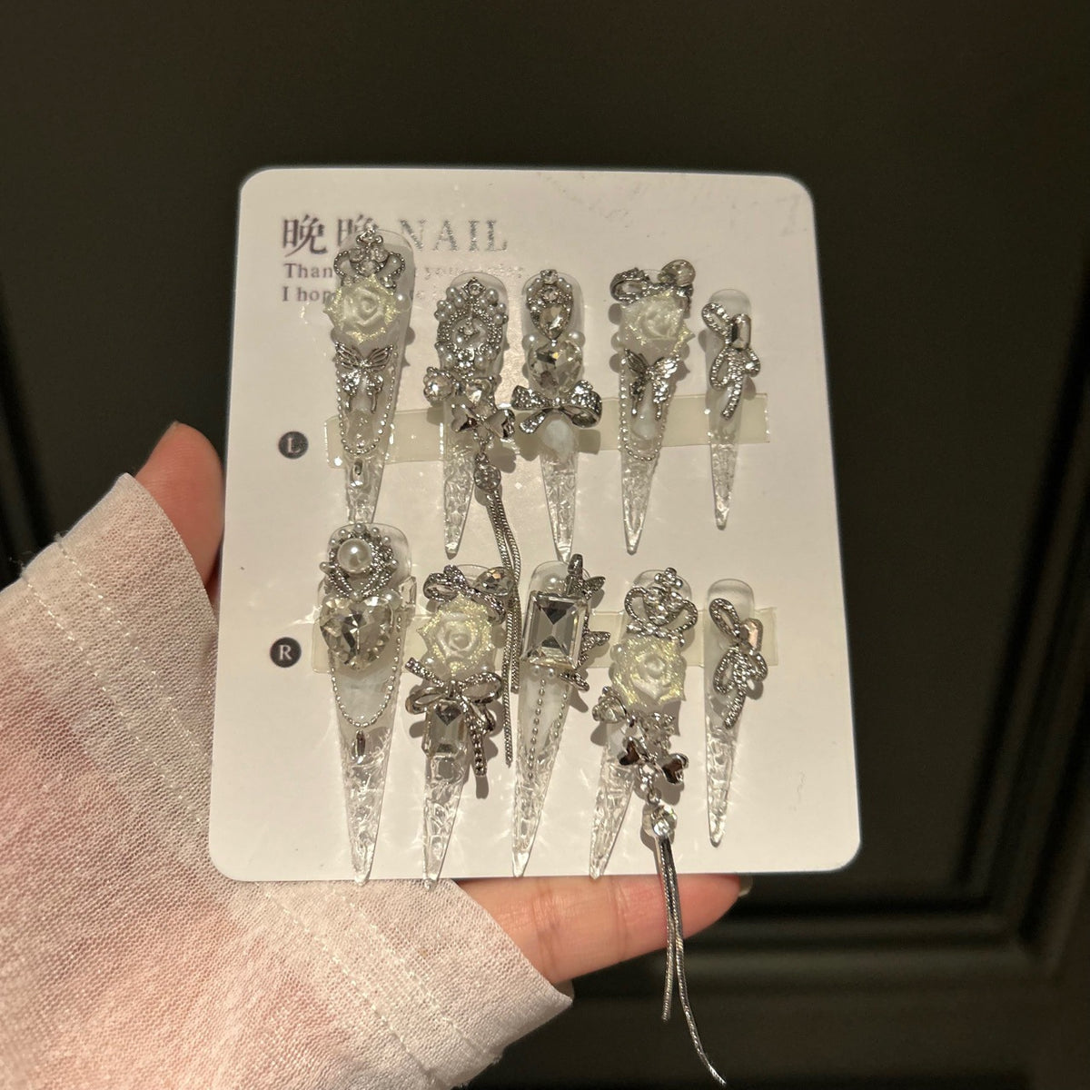 Handmade Clear Transparent Long Stiletto Press On Nails with 3D White Roses, Silver Rhinestone Bows, Crown & Butterfly Charms, Pearls & Dangling Silver Chains