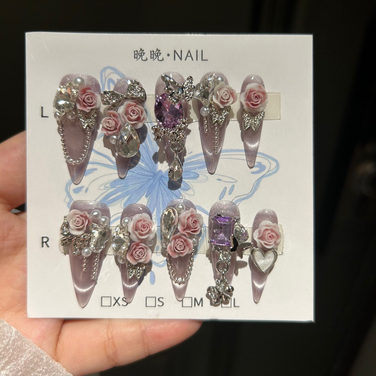 Handcrafted Designer Dusty Pink Press-on Nails - Shimmering Cat Eye Base with Heavy 3D Roses, Purple Crystals and Chain Drops