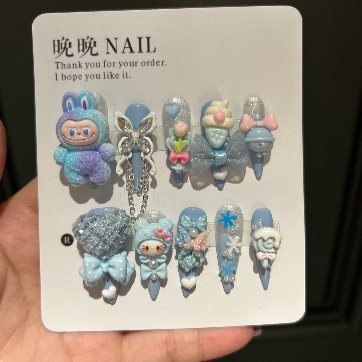 Handmade Blue Kawaii Long Stiletto Press On Nails, 3D Cartoon Character False Nails with Bow, Butterfly & Resin Charms