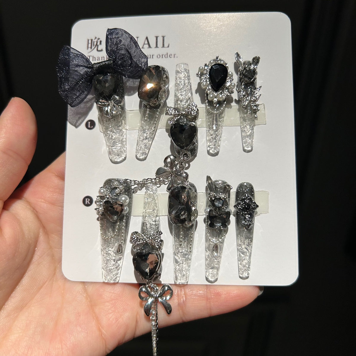 Handmade Clear Crackle Long Stiletto Press On Nails with Black Heart Crystals, Dark Mesh Bows, Silver Bunny Charms & Silver Chain Tassels