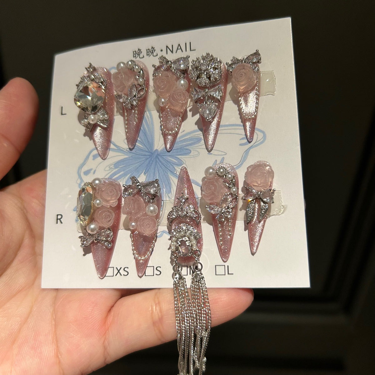 Handmade Dusty Pink Cat Eye Long Stiletto Press On Nails with Frosted 3D Pink Roses, Big Rhinestones, Pearl Accents & Long Silver Tassel Chains