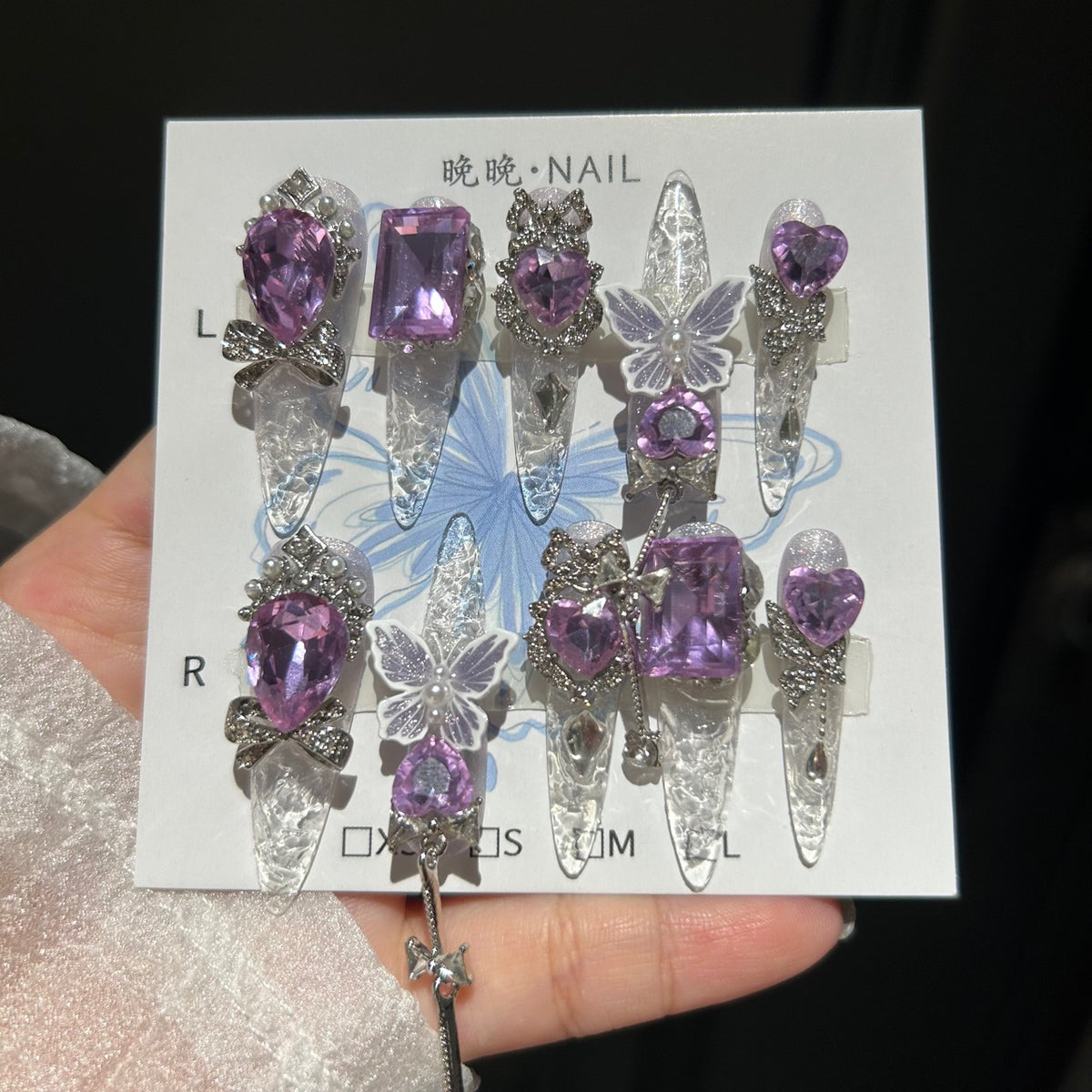 Purple Crystal Cat Eye Stiletto Press-on Nails with 3D Butterfly, Rhinestone, and Hanging Chain Charms - Luxury Fairy Fake Nail Set
