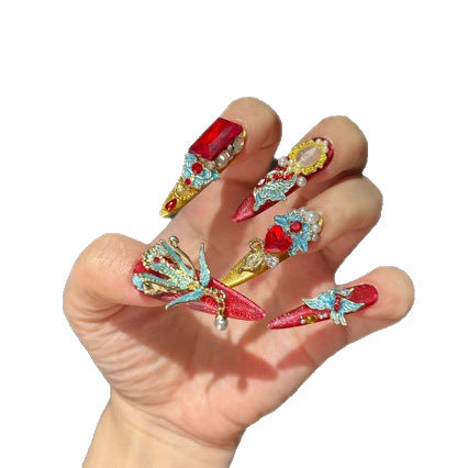 Handmade Chinese Style Red Gold Long Stiletto Press On Nails with Blue Phoenix Charms, Large Red Heart Crystals, Pearl Clusters & Gold Filigree