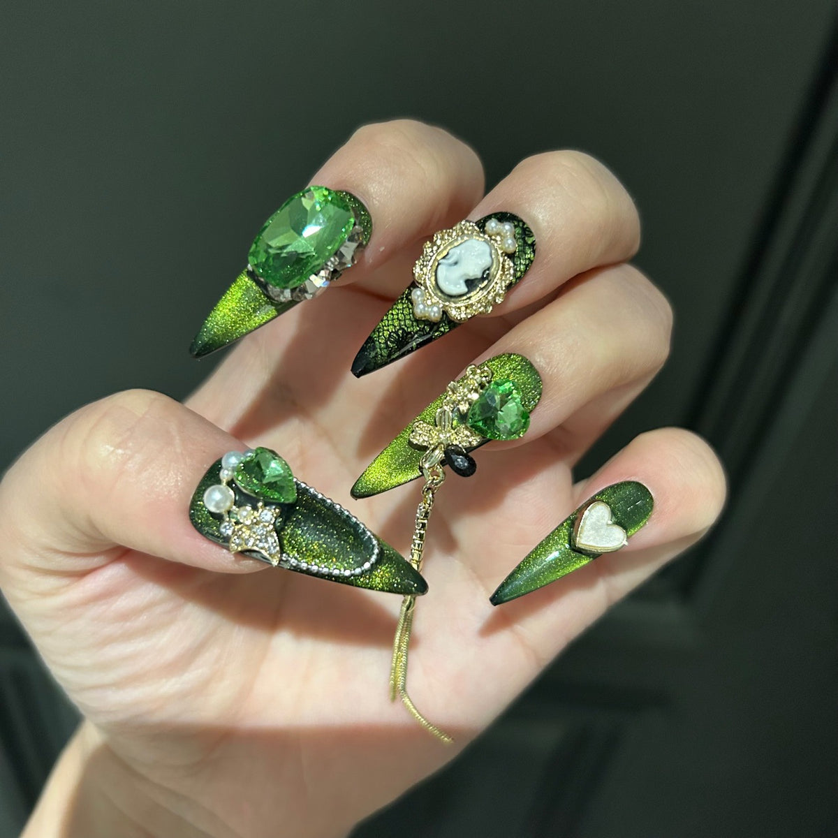 Handmade Emerald Green Cat Eye Stiletto Press On Nails with Giant Green Crystals, Vintage Cameo Portrait, Gold Filigree & Pearl Accents