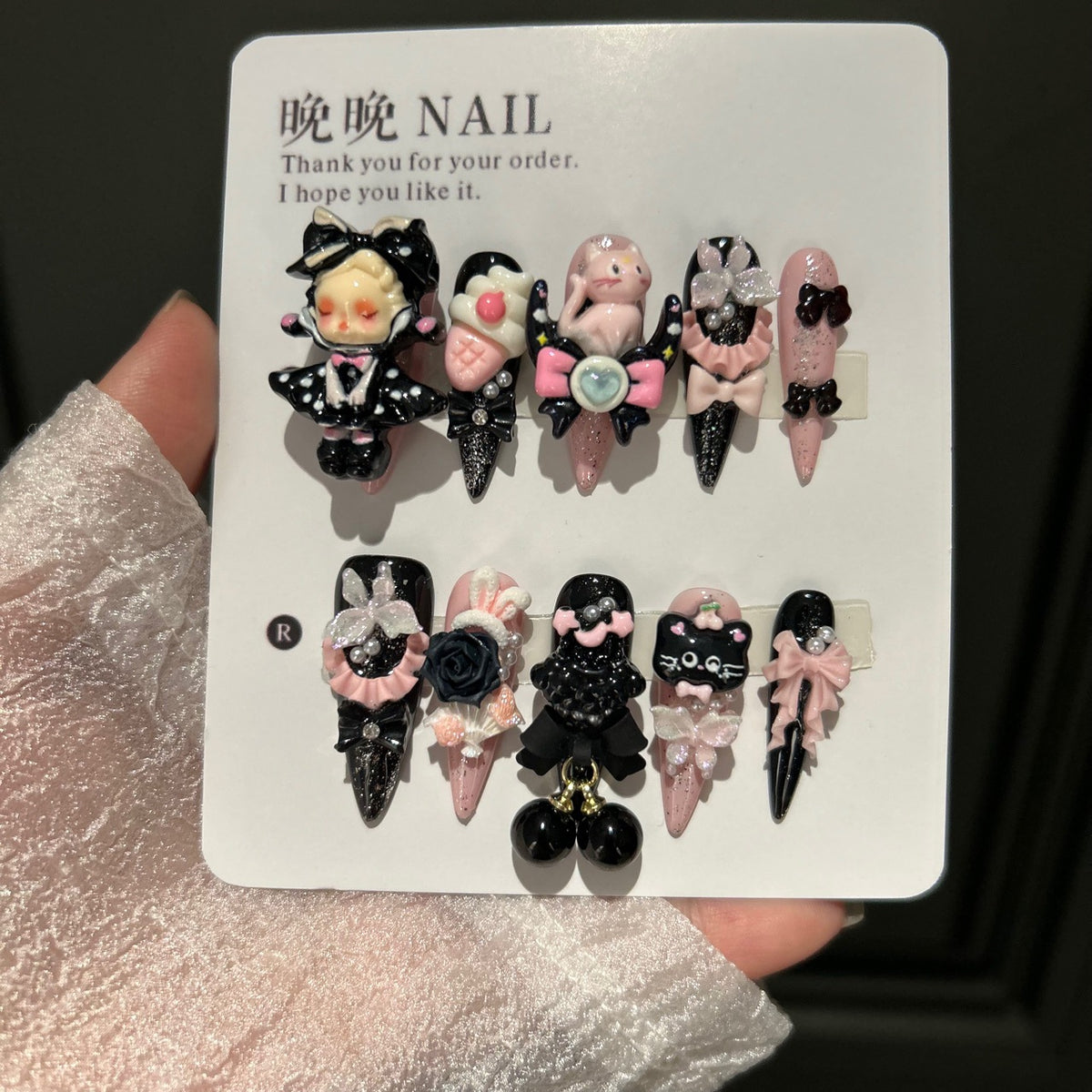 Gothic Black & Pink Cat Eye Stiletto Press-on Nails with 3D Doll Figurine, Black Rose, Cute Cat, Folding Fan, and Cherry Charm - Y2K Sweet Cool Fake Nail Set