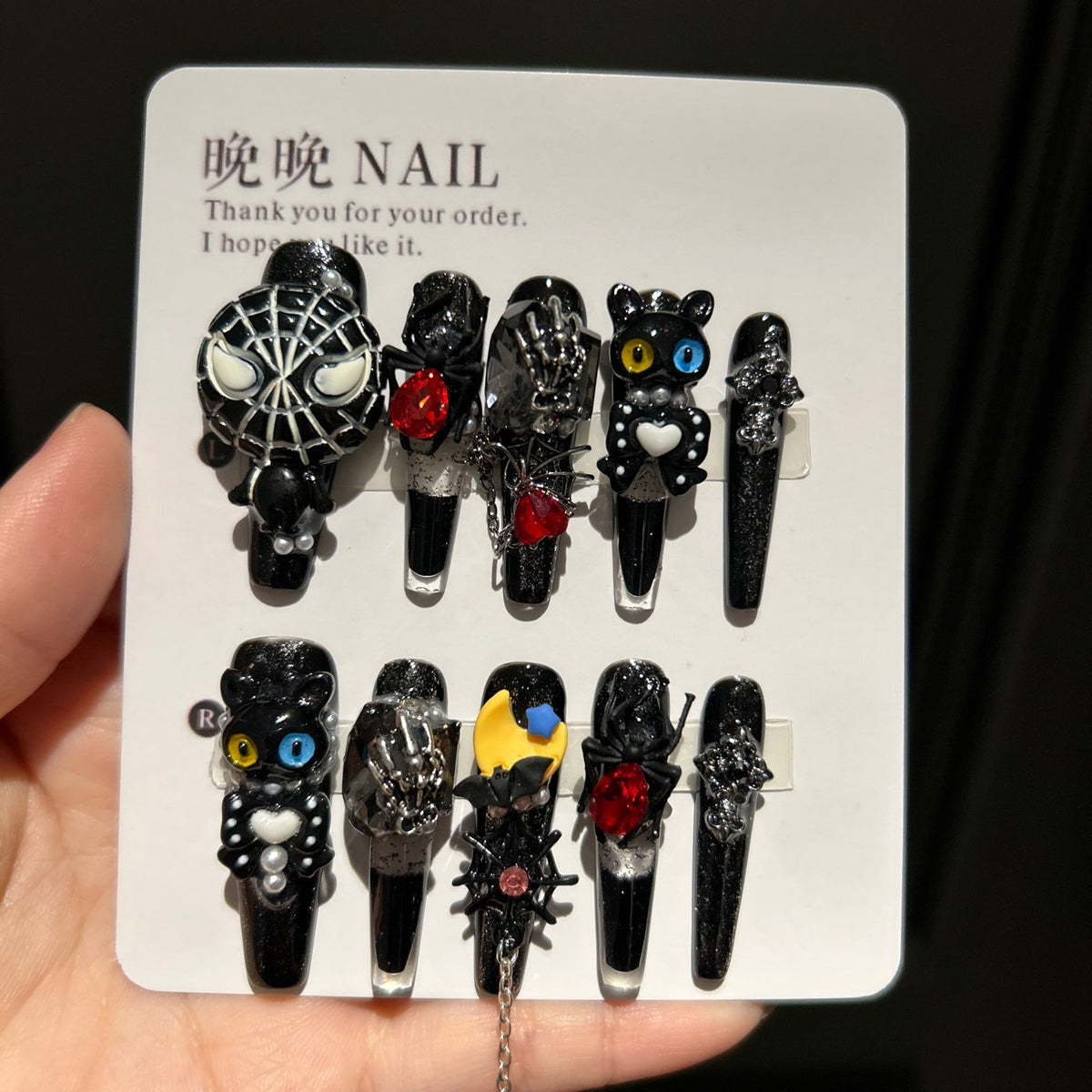 Handmade Black Glitter Long Coffin Press On Nails with 3D Black Cat, Spider, Bat, Skeleton Hand Charms, Red Crystals & Chain Tassels