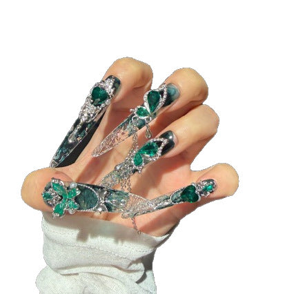 Handmade Teal Gradient Clear Long Stiletto Press On Nails with Emerald Green Butterfly & Heart Crystal Charms