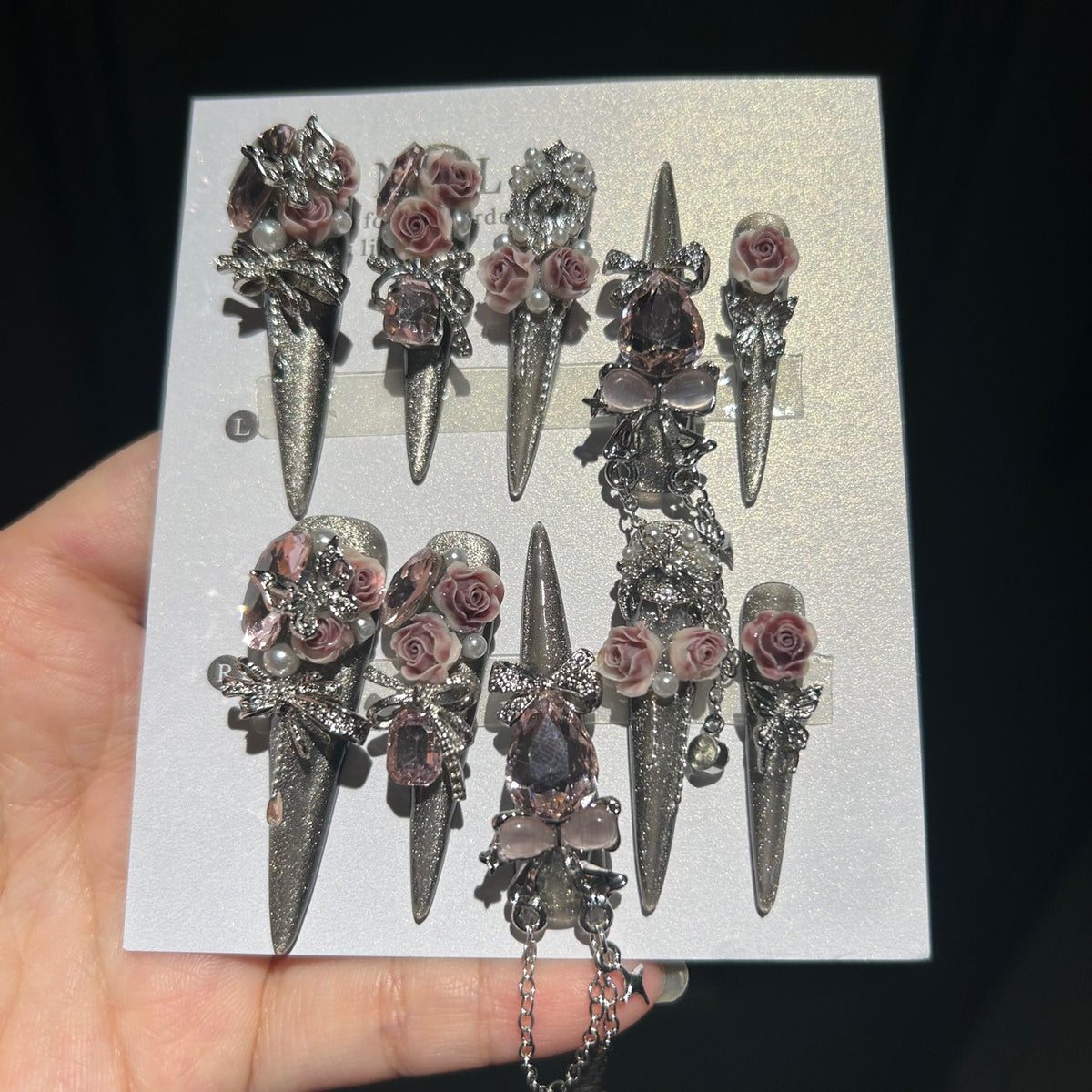 Handmade Silver Glitter Long Stiletto Press On Nails with Dusty Pink 3D Roses & Pink Teardrop Crystal Charms
