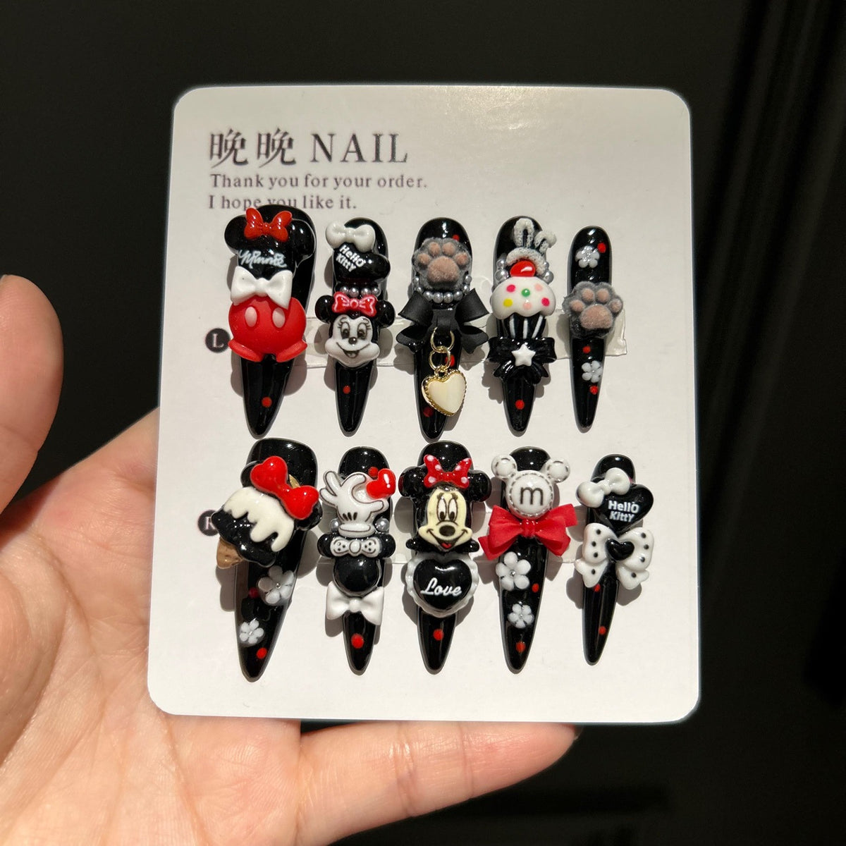 Red, Black & White Stiletto Press-on Nails with 3D Mickey Minnie, Cartoon Hand, Fluffy Paw, Cupcake, and Heart Charm - Y2K Kawaii Fake Nail Set