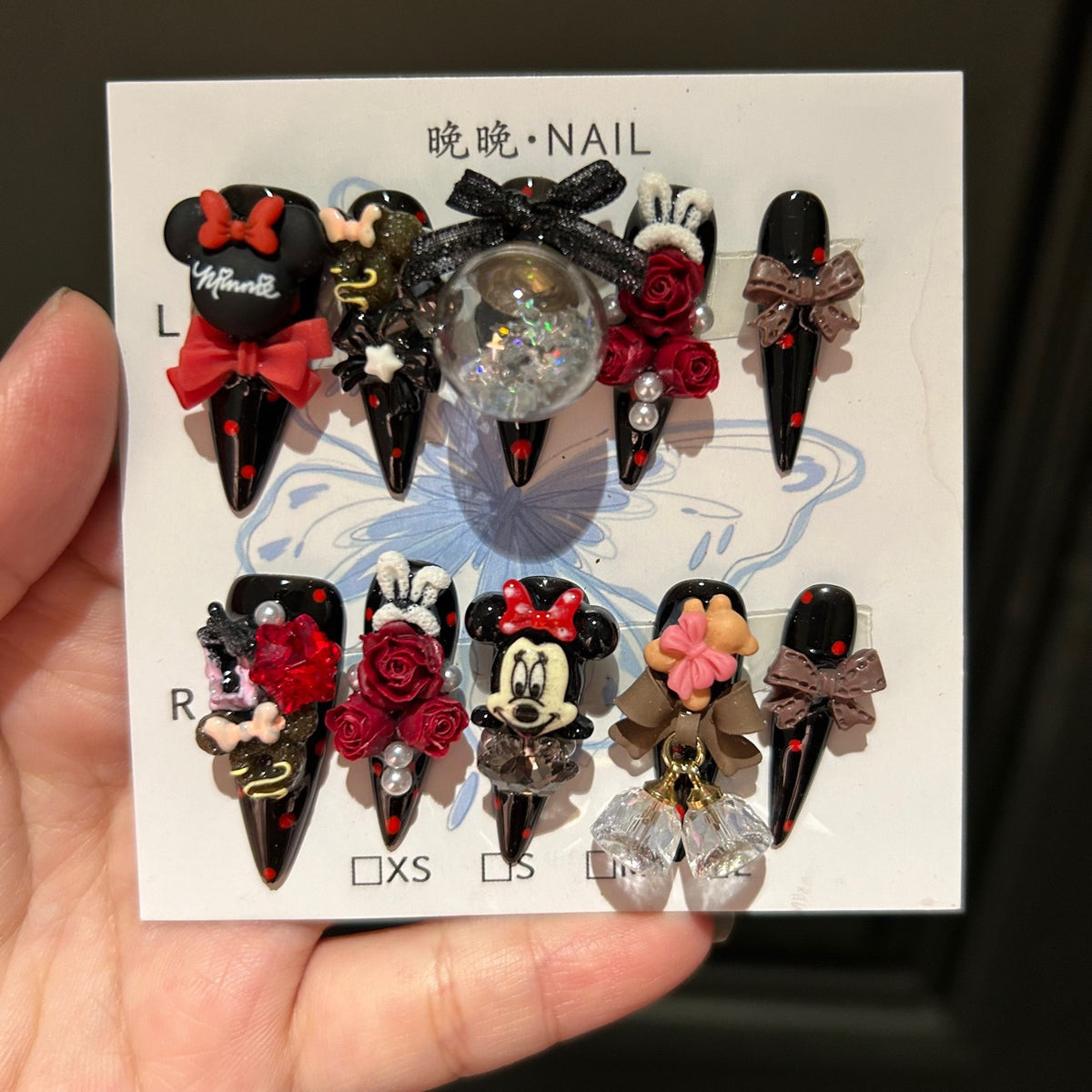 Dark & Red Stiletto Press-on Nails with 3D Mickey Minnie, Glitter Snow Globe, Red Roses, Brown Bow, and Crystal Bell Charms - Y2K Gothic Kawaii Fake Nail Set