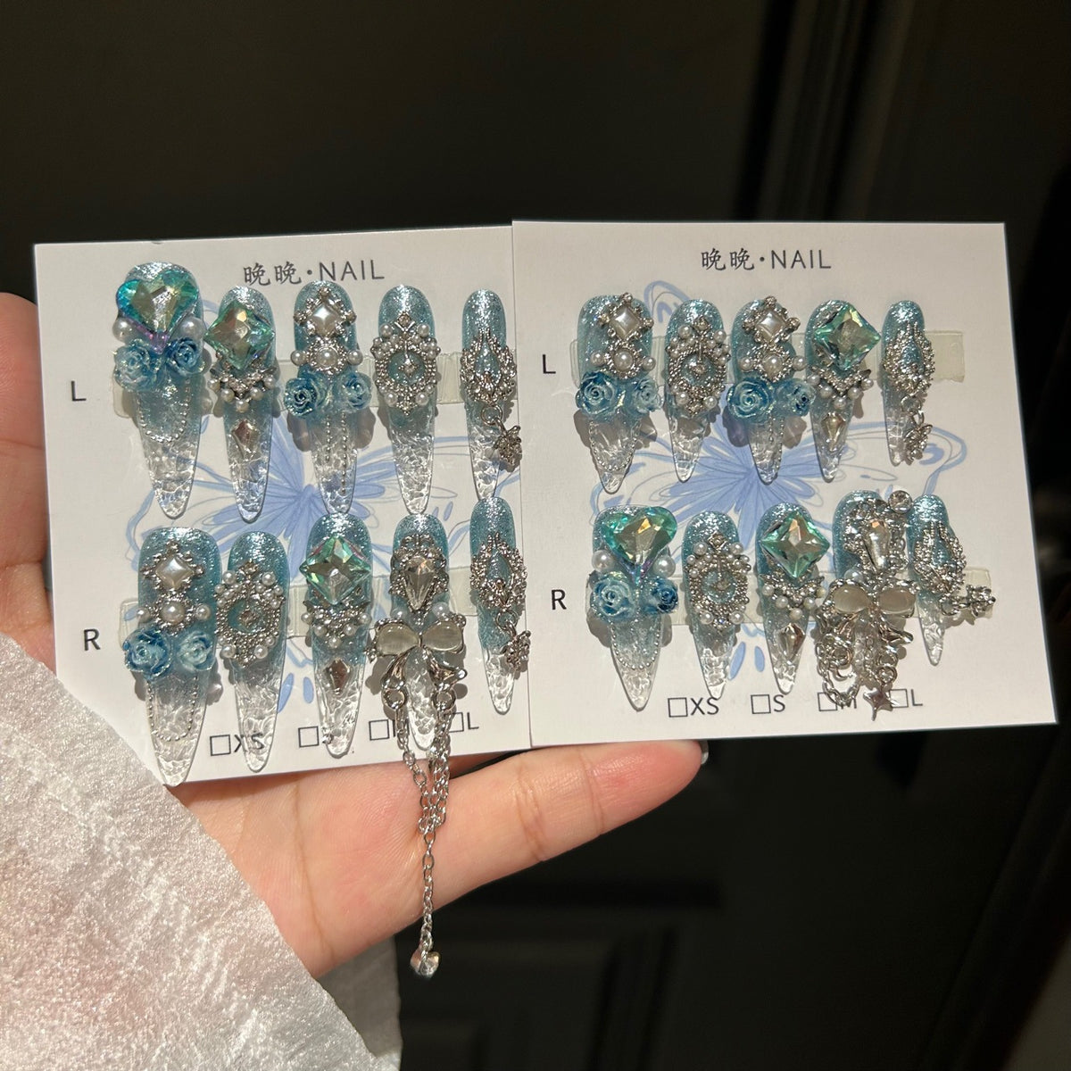Handmade Blue Glitter Gradient Long Stiletto Press On Nails with 3D Blue Roses, AB Crystals & Dangling Chain Charms