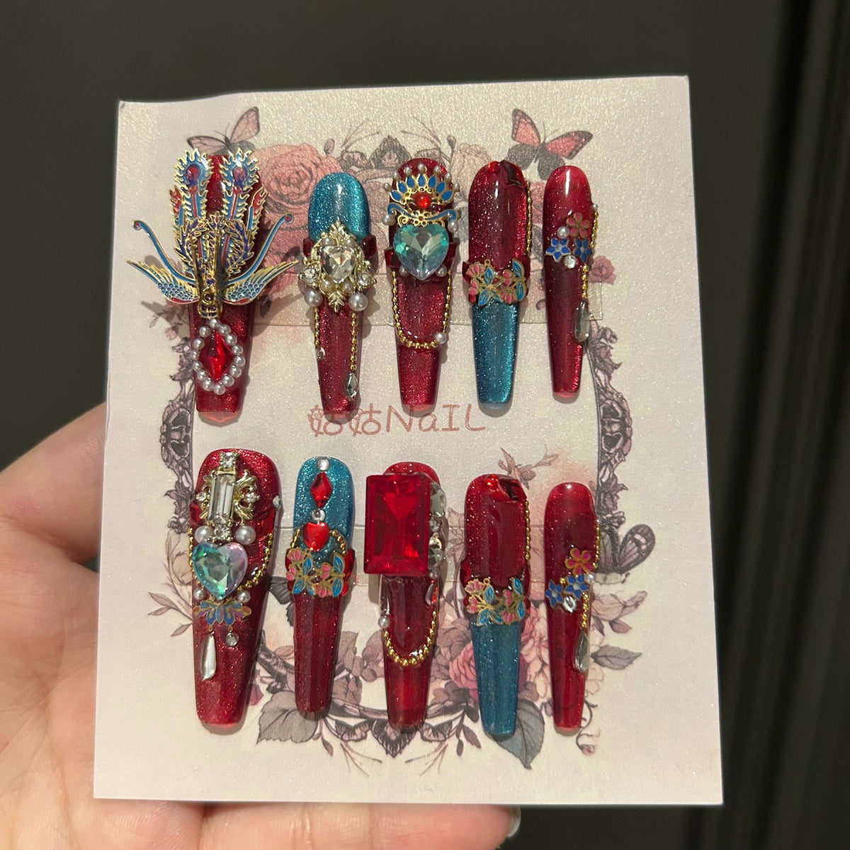 Handcrafted Designer Chinese Aesthetic Press-on Nails - Metallic Cat Eye Base with Heavy 3D Phoenix, Large Crystals and Chain Drops