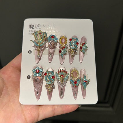 Handmade Pastel Pink Chinese Style Long Stiletto Press On Nails with Turquoise Phoenix Charms, Red Gem Accents, Pearl Clusters & Gold Filigree