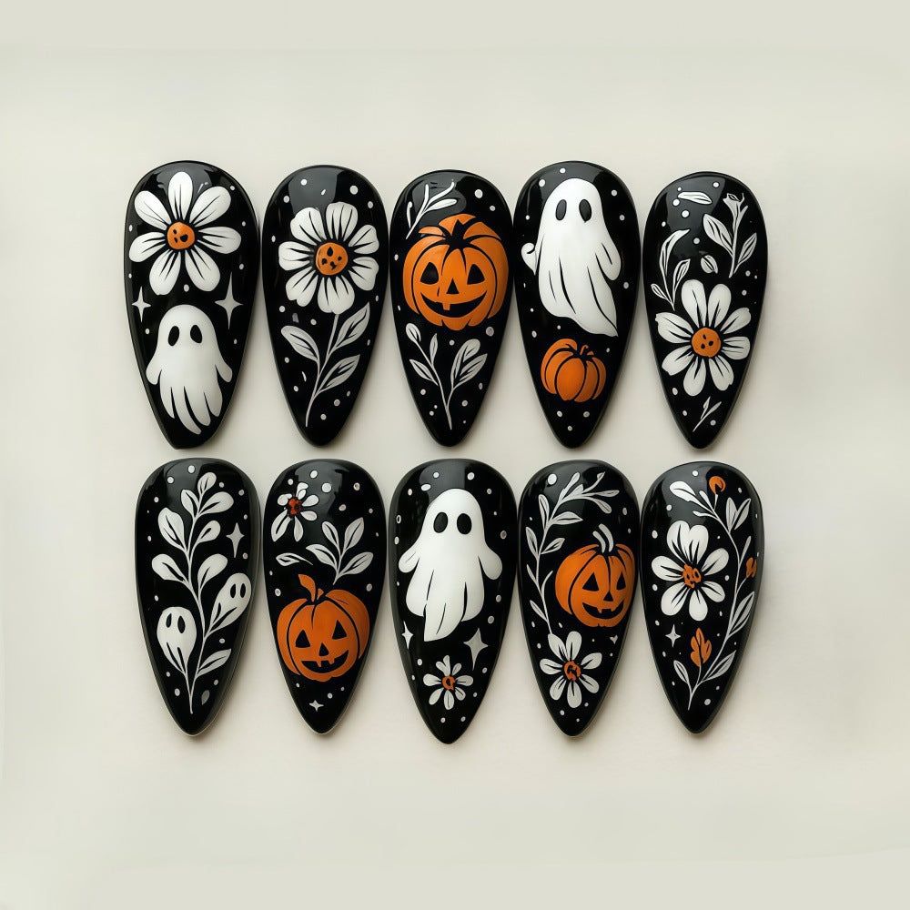 New Halloween fake nail patch soft cute ghost pumpkin lamp bat skull manicure wear armor