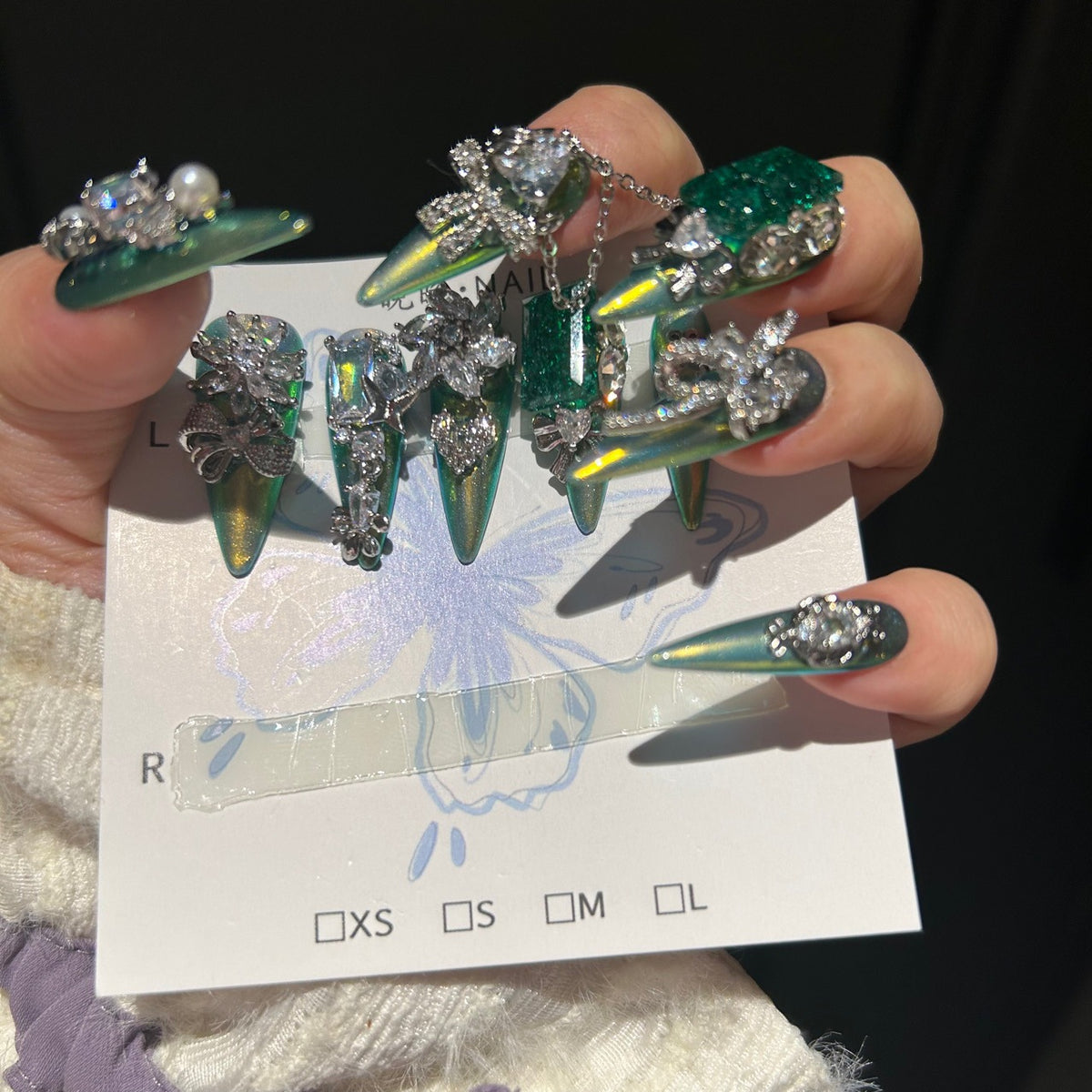 Handmade Green Chameleon Long Stiletto Press On Nails with Emerald Crushed Gem Blocks, Silver Rhinestone Butterfly & Bow Charms, Pearls & Dangling Chains